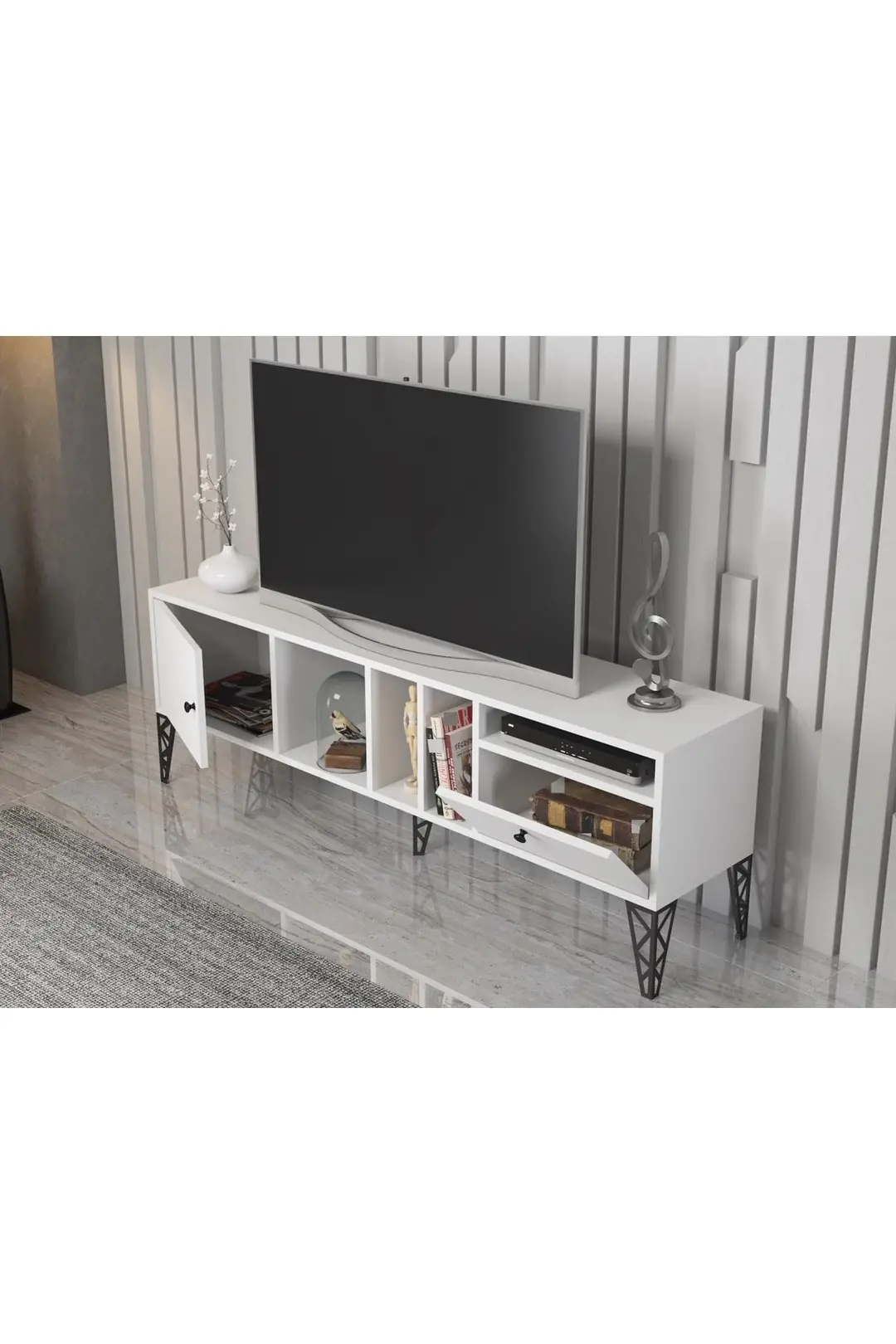 Cercei 160 Cm Metal Ayaklı Tv Ünitesi - Beyaz / Siyah